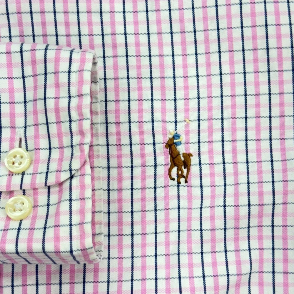 Ralph Lauren Button Down Shirt Mens 15.5 Pink Blue Check Classic Fit Long Sleeve